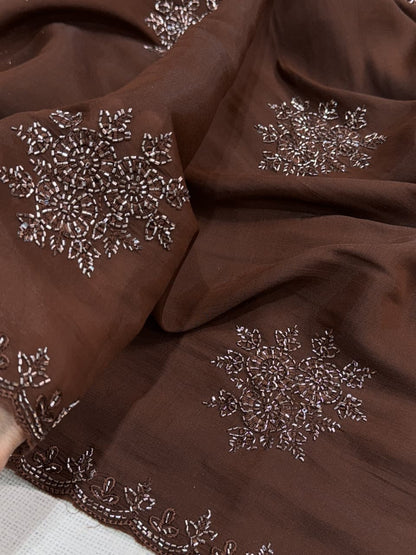 brown Graceful Brown Mul Chiffon Party Wear Saree with Sequins & Beads Embroidery by women shoppee