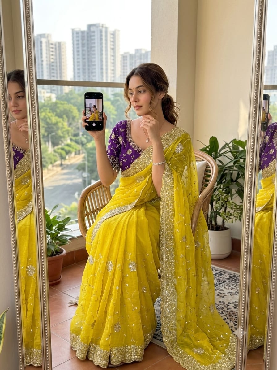 yellow Soft & Elegant Fandy Chiffon Two-Tone Saree with Stitched Blouse by women shoppee