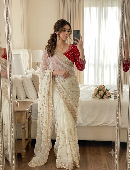white Soft & Elegant Fandy Chiffon Two-Tone Saree with Stitched Blouse by women shoppee