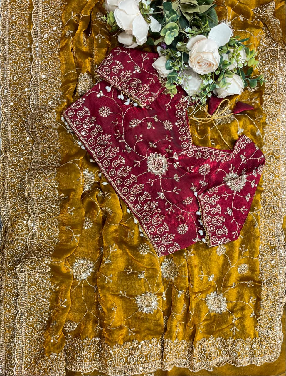 copper Soft & Elegant Fandy Chiffon Two-Tone Saree with Stitched Blouse by women shoppee