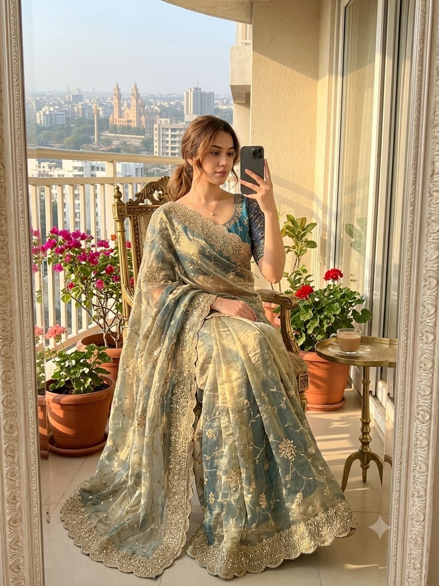 green Soft & Elegant Fandy Chiffon Two-Tone Saree with Stitched Blouse by women shoppee