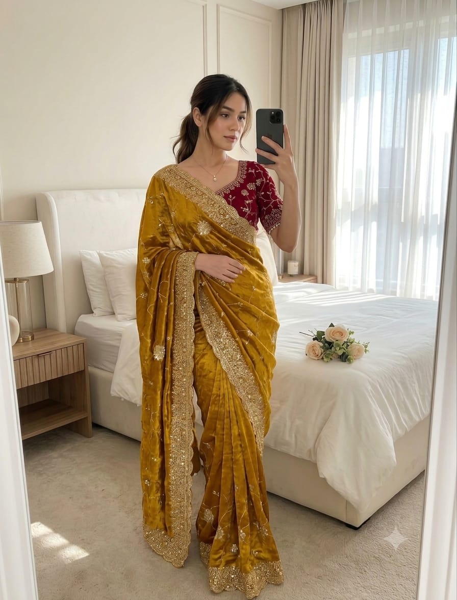 copper Soft & Elegant Fandy Chiffon Two-Tone Saree with Stitched Blouse by women shoppee