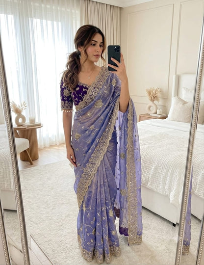 lavender Soft & Elegant Fandy Chiffon Two-Tone Saree with Stitched Blouse by women shoppee