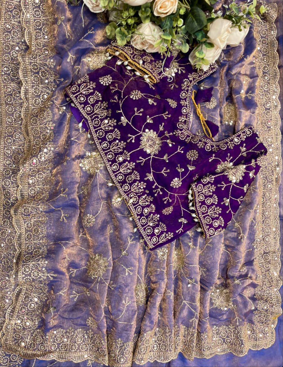 lavender Soft & Elegant Fandy Chiffon Two-Tone Saree with Stitched Blouse by women shoppee