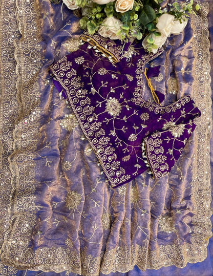 lavender Soft & Elegant Fandy Chiffon Two-Tone Saree with Stitched Blouse by women shoppee