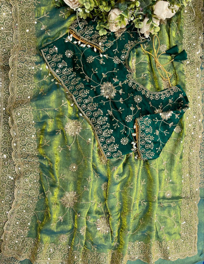 green Soft & Elegant Fandy Chiffon Two-Tone Saree with Stitched Blouse by women shoppee