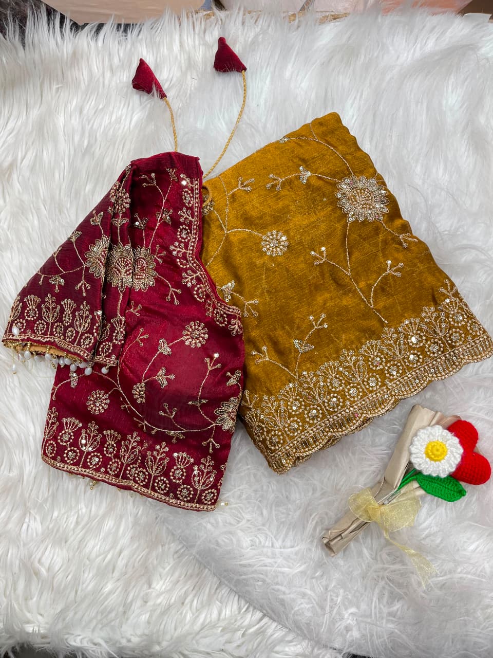 copper Soft & Elegant Fandy Chiffon Two-Tone Saree with Stitched Blouse by women shoppee