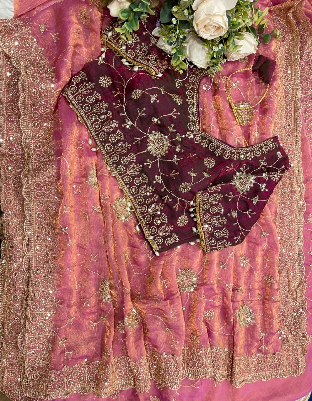 lavender Soft & Elegant Fandy Chiffon Two-Tone Saree with Stitched Blouse by women shoppee