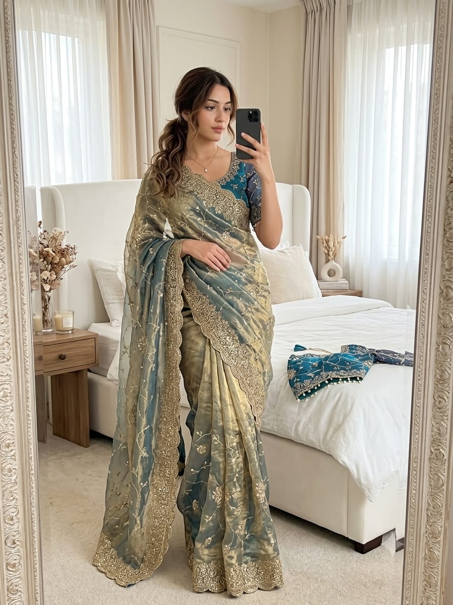 Soft & Elegant Fandy Chiffon Two-Tone Saree with Stitched Blouse