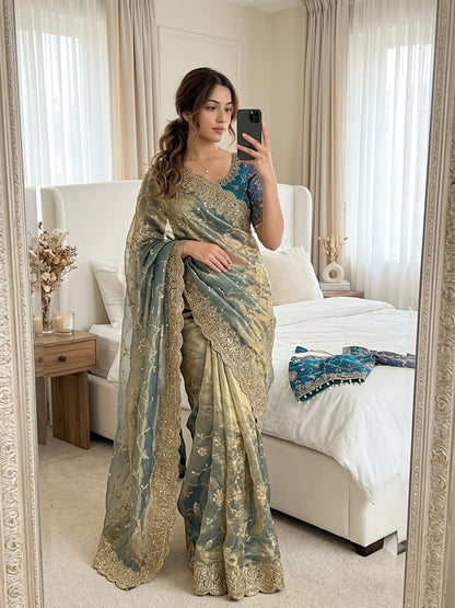 Soft & Elegant Fandy Chiffon Two-Tone Saree with Stitched Blouse