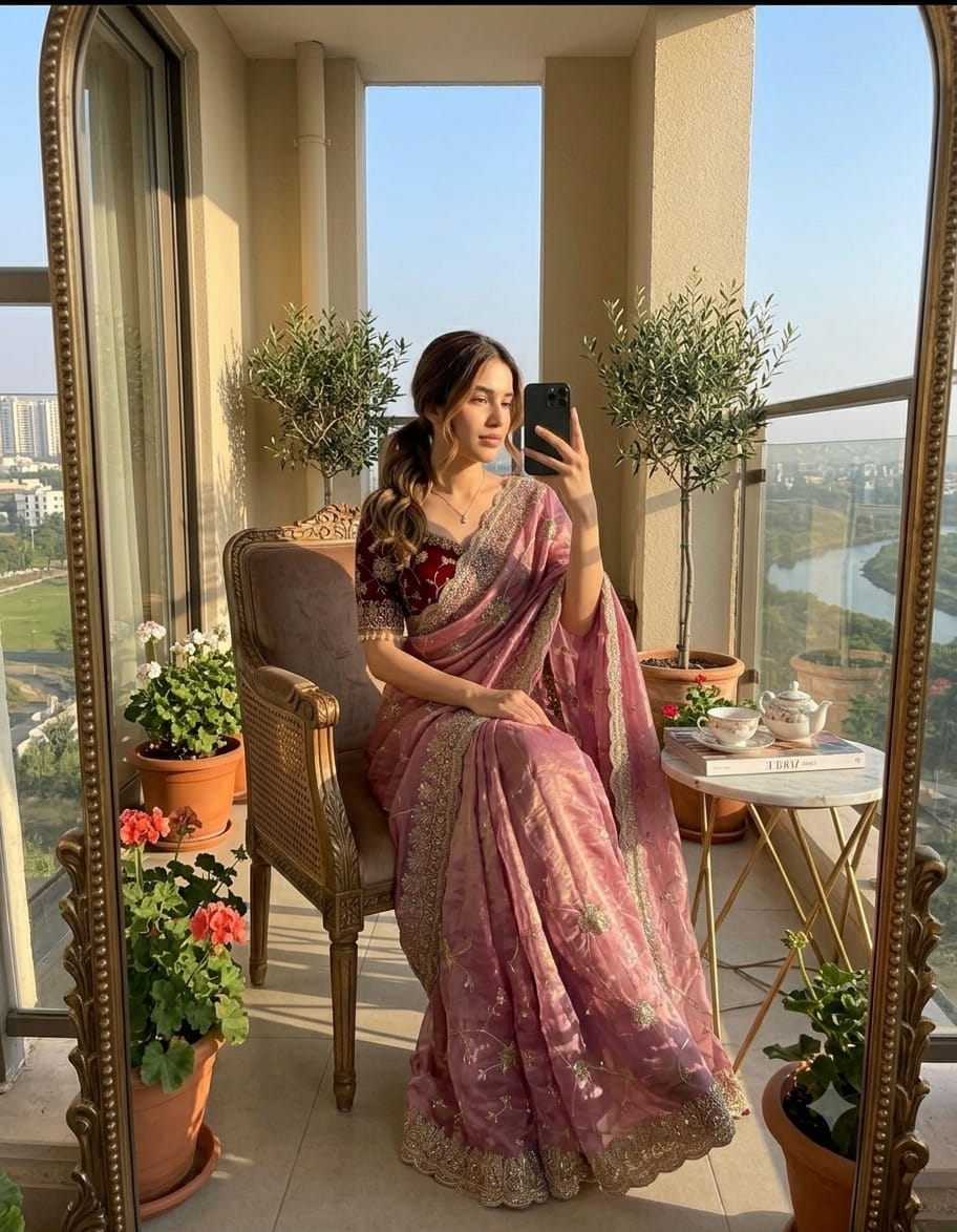 lavender Soft & Elegant Fandy Chiffon Two-Tone Saree with Stitched Blouse by women shoppee