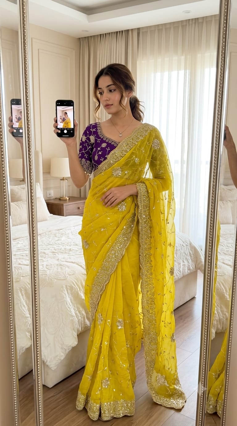 yellow Soft & Elegant Fandy Chiffon Two-Tone Saree with Stitched Blouse by women shoppee