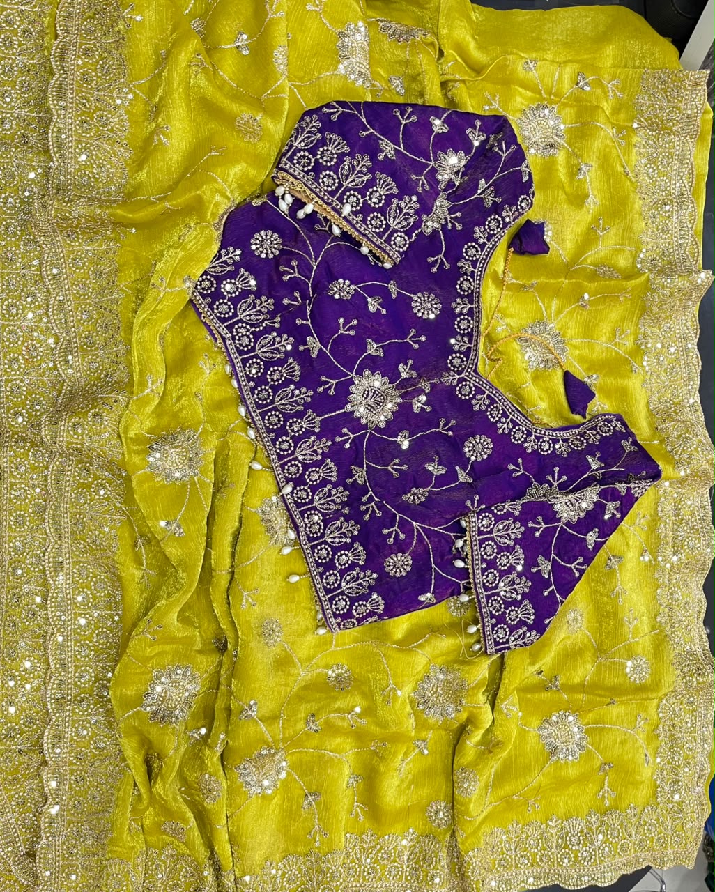 yellow Soft & Elegant Fandy Chiffon Two-Tone Saree with Stitched Blouse by women shoppee