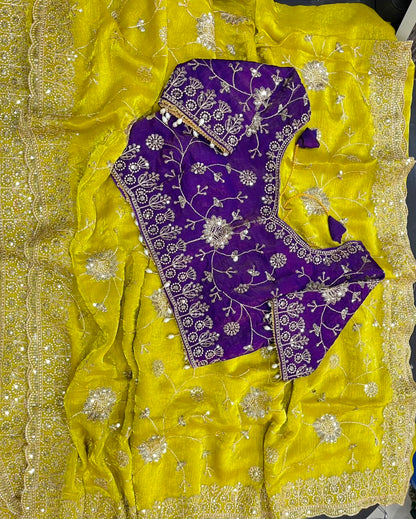 yellow Soft & Elegant Fandy Chiffon Two-Tone Saree with Stitched Blouse by women shoppee