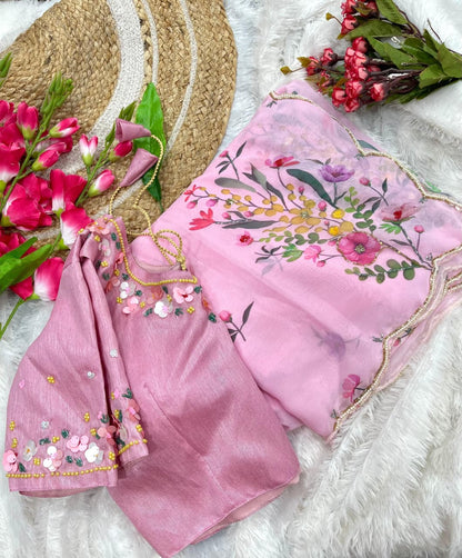 baby pink Soft Georgette Silk Saree with Floral Print, Khatli & Cutdana Work  by  women shoppee