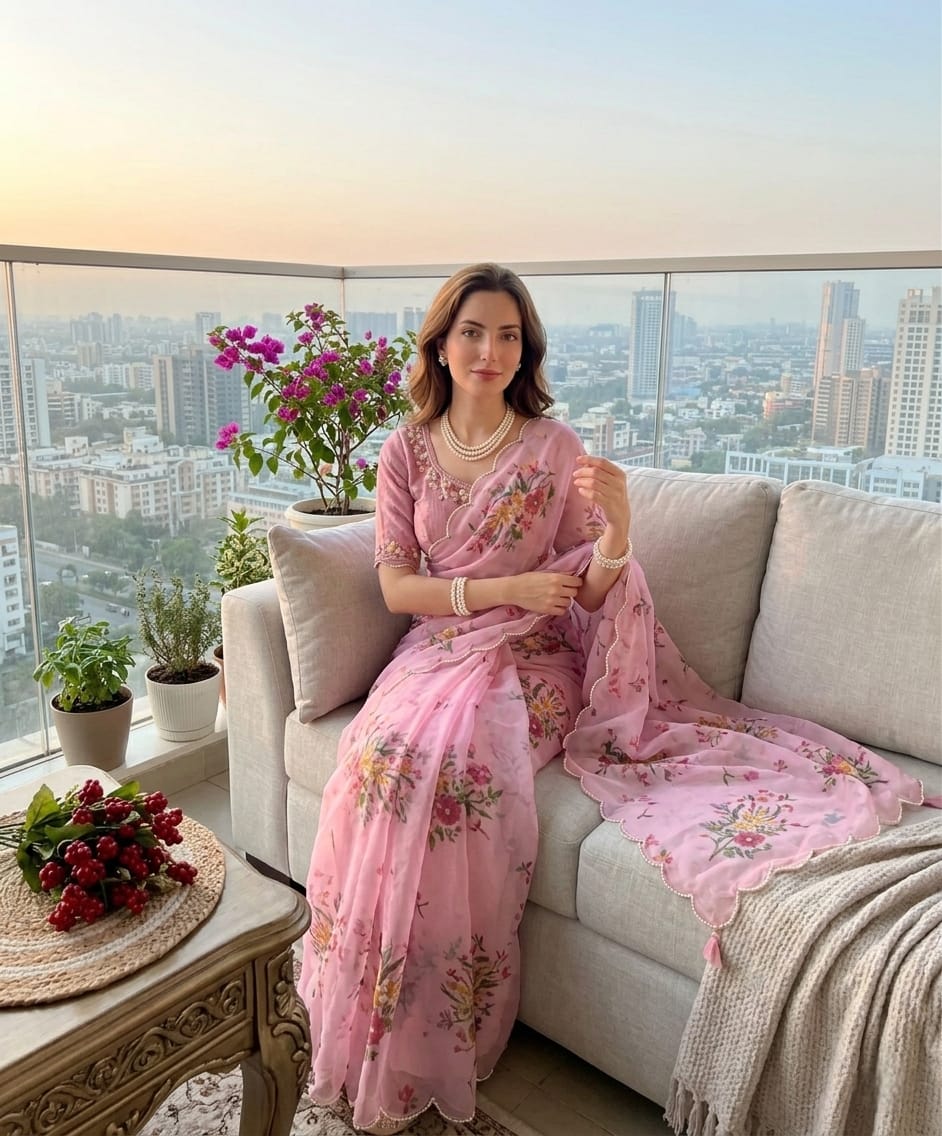 baby pink Soft Georgette Silk Saree with Floral Print, Khatli & Cutdana Work  by  women shoppee