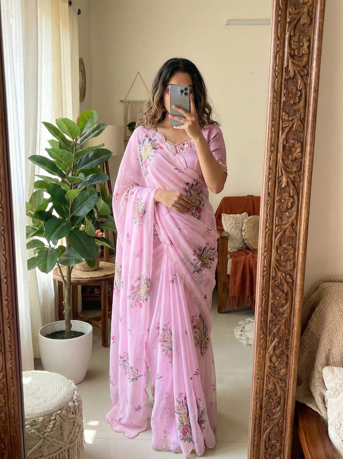 baby pink Soft Georgette Silk Saree with Floral Print, Khatli & Cutdana Work  by  women shoppee