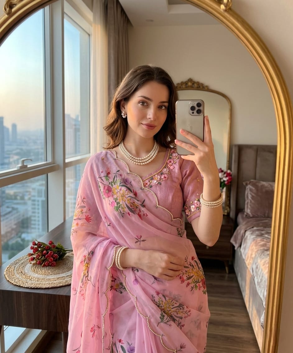 baby pink Soft Georgette Silk Saree with Floral Print, Khatli & Cutdana Work  by  women shoppee