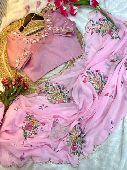 baby pink Soft Georgette Silk Saree with Floral Print, Khatli & Cutdana Work  by  women shoppee