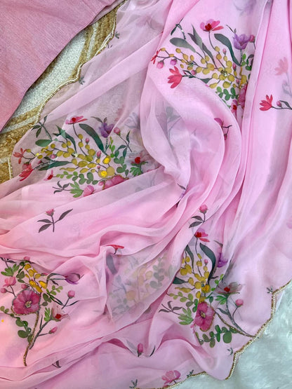 Soft Georgette Silk Saree with Floral Print, Khatli & Cutdana Work ( Baby Oink )