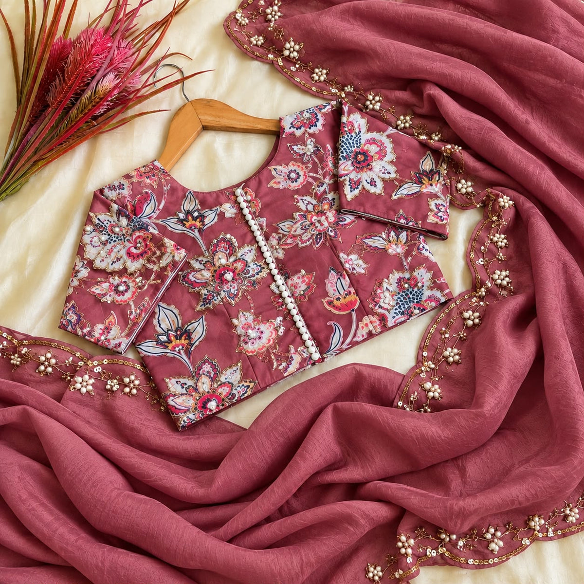 Chiffon Crush Saree with Heavy Handwork & Stitched Georgette Blouse by women shoppee