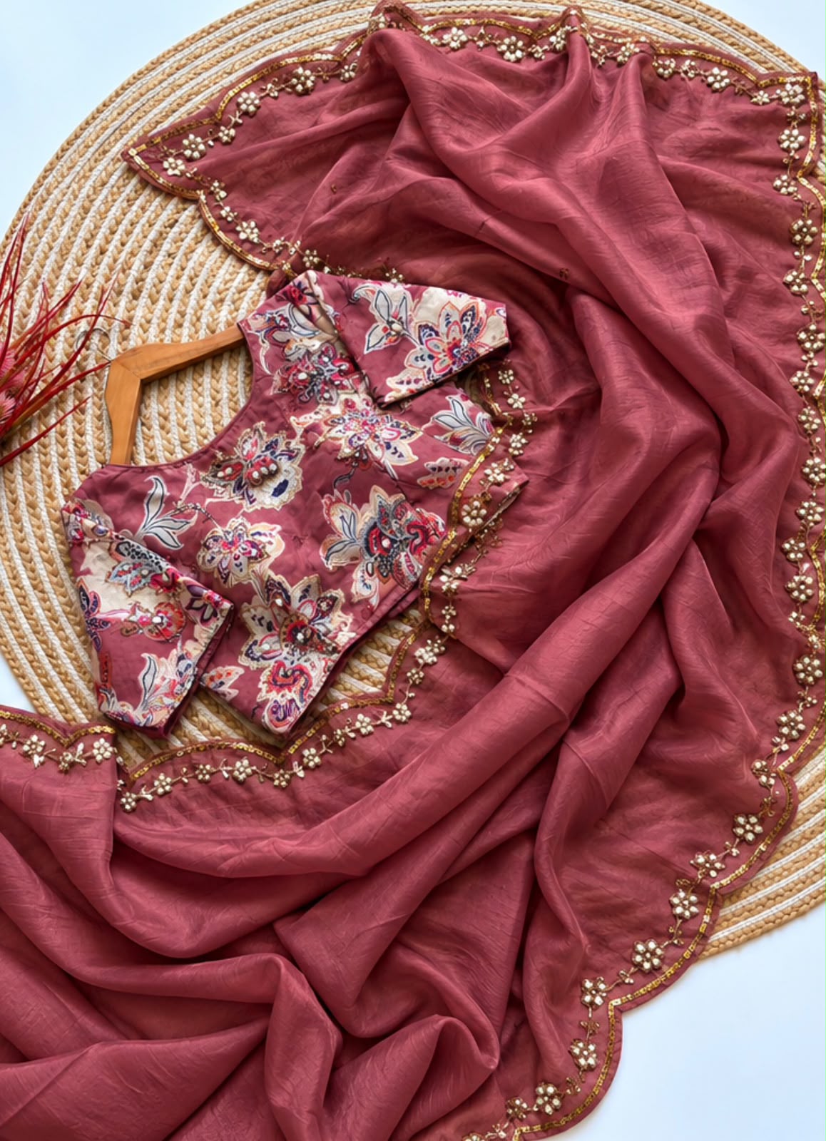 Chiffon Crush Saree with Heavy Handwork & Stitched Georgette Blouse by women shoppee