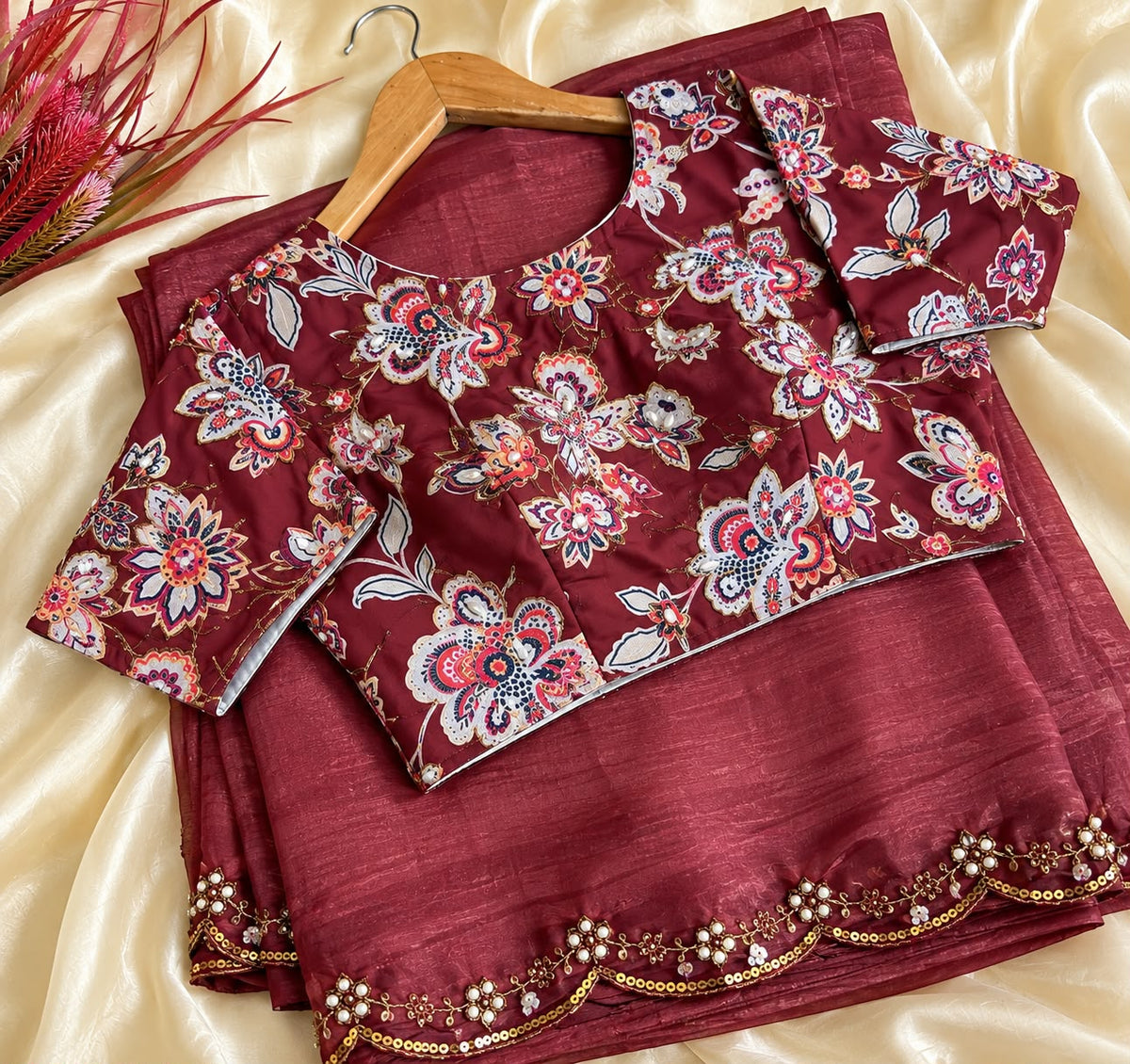 Chiffon Crush Saree with Heavy Handwork & Stitched Georgette Blouse by women shoppee