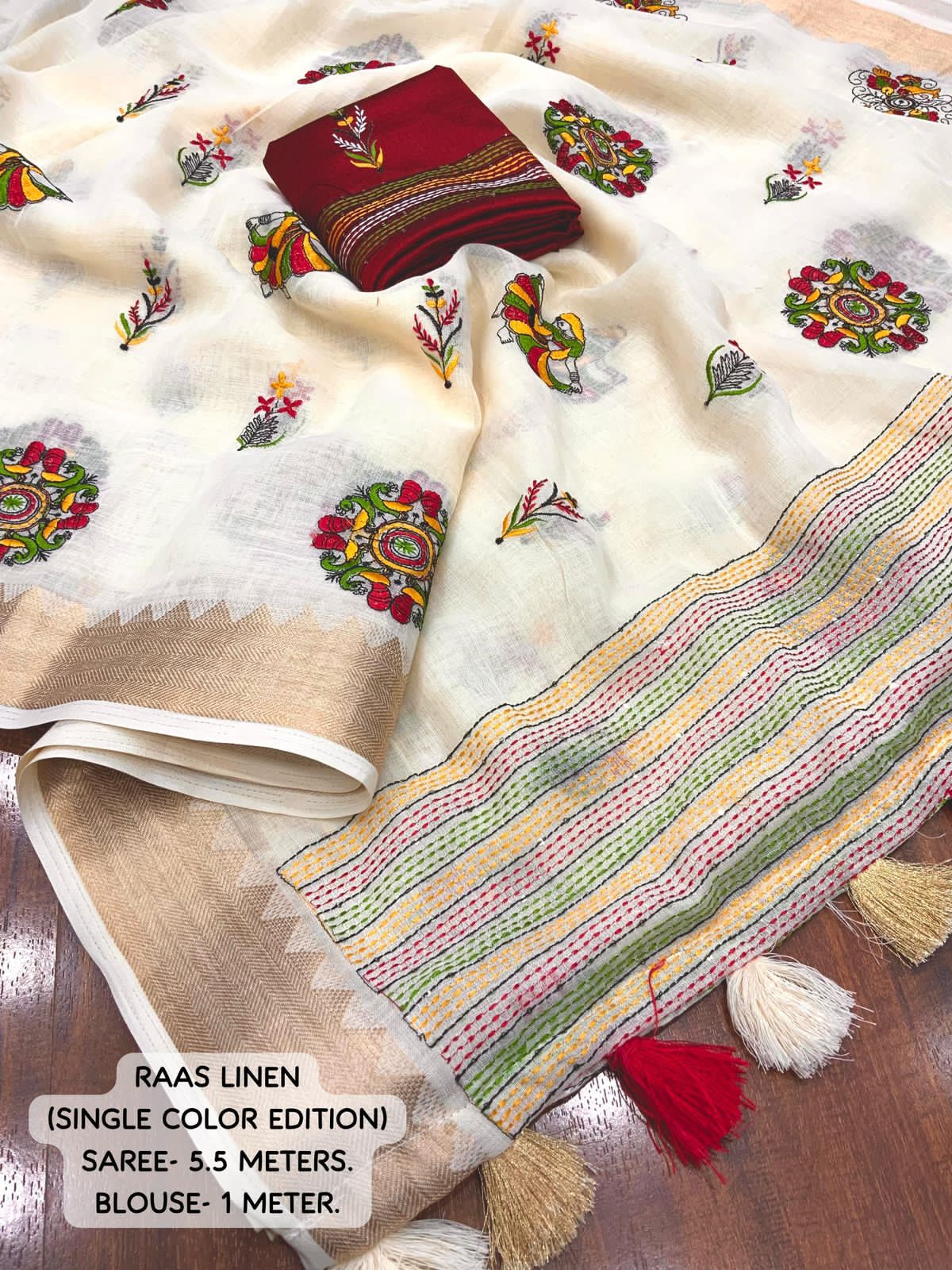 beige Soft Ivory Linen Saree with Temple Border & Raasleela Embroidery by women shoppee