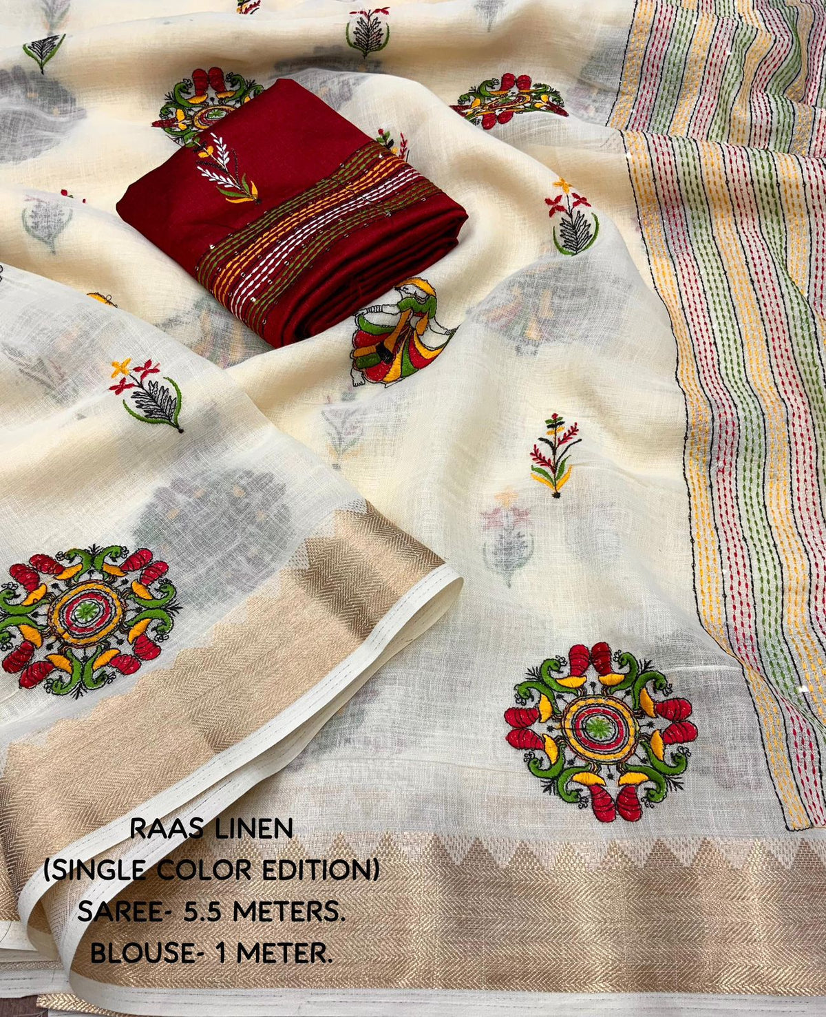 beige Soft Ivory Linen Saree with Temple Border & Raasleela Embroidery by women shoppee