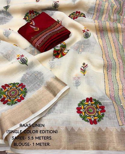 beige Soft Ivory Linen Saree with Temple Border & Raasleela Embroidery by women shoppee
