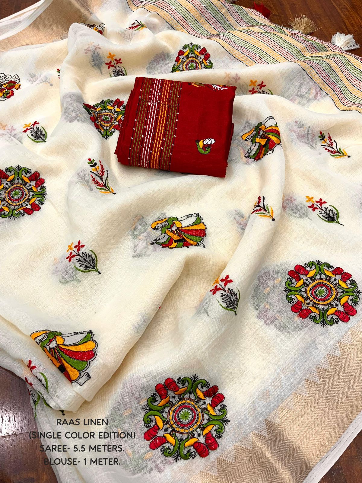 beige Soft Ivory Linen Saree with Temple Border & Raasleela Embroidery by women shoppee