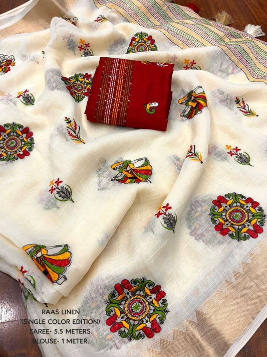beige Soft Ivory Linen Saree with Temple Border & Raasleela Embroidery by women shoppee