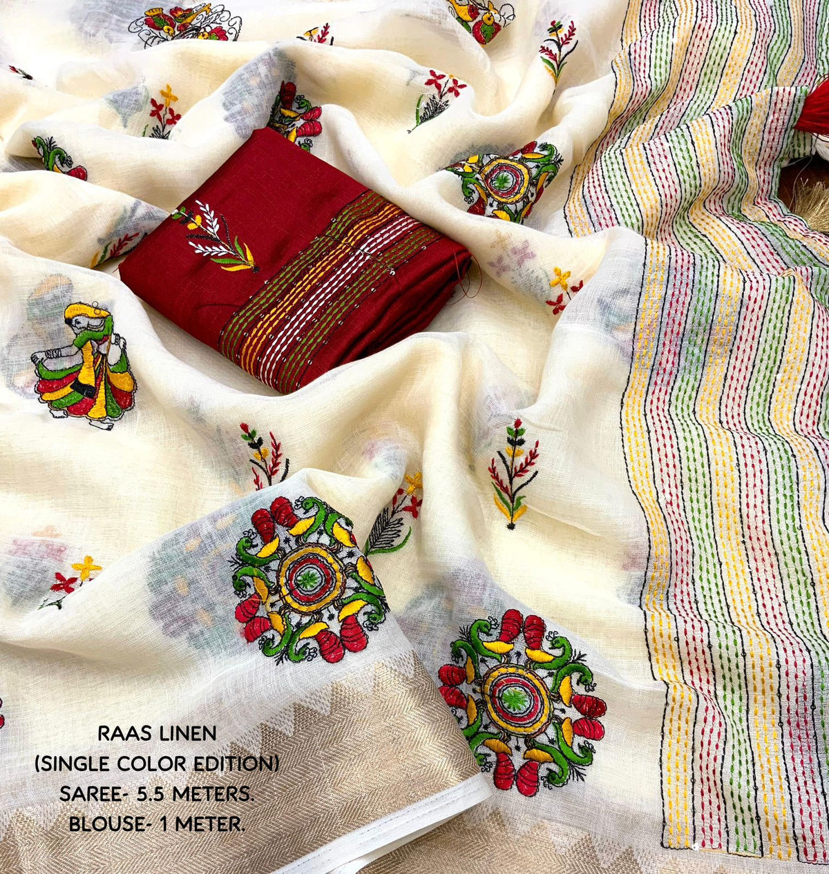 beige Soft Ivory Linen Saree with Temple Border & Raasleela Embroidery by women shoppee