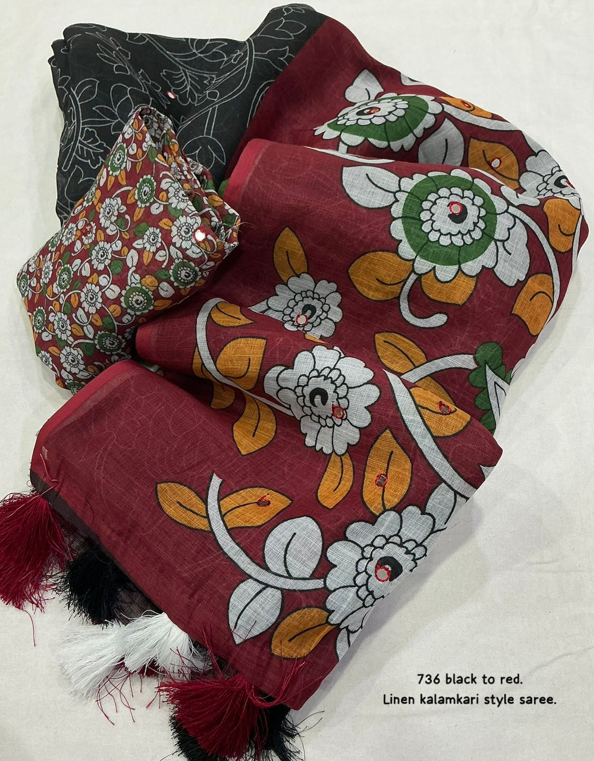 black and maroon Soft Linen Saree with Kalamkari Prints & Aari Mirror Work by women shoppee