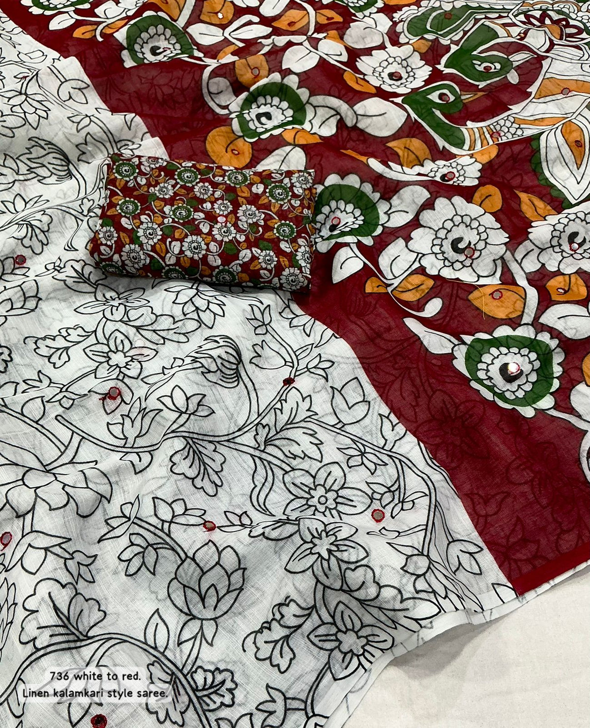 white and maroon Soft Linen Saree with Kalamkari Prints & Aari Mirror Work by women shoppee