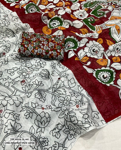 white and maroon Soft Linen Saree with Kalamkari Prints & Aari Mirror Work by women shoppee