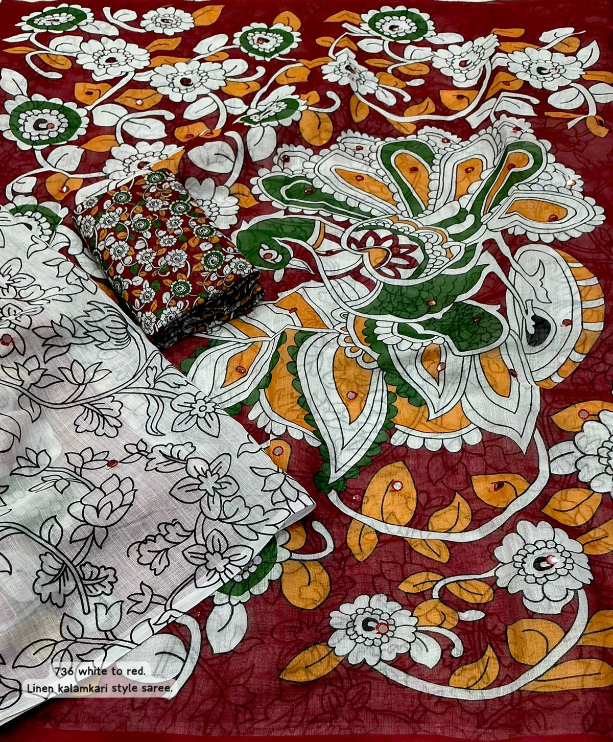 white and maroon Soft Linen Saree with Kalamkari Prints & Aari Mirror Work by women shoppee