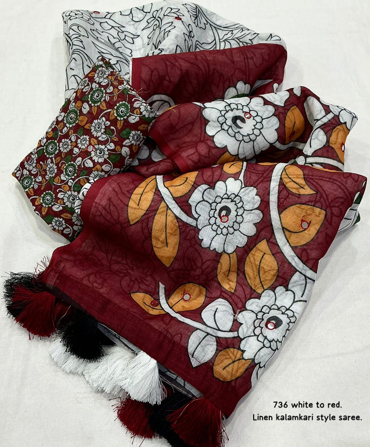 white and maroon Soft Linen Saree with Kalamkari Prints & Aari Mirror Work by women shoppee