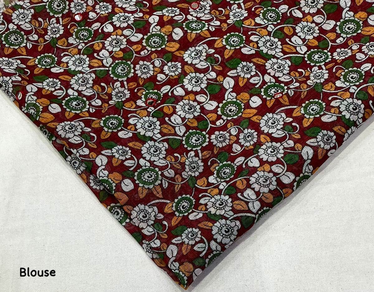 Soft Linen Saree with Kalamkari Prints & Aari Mirror Work
