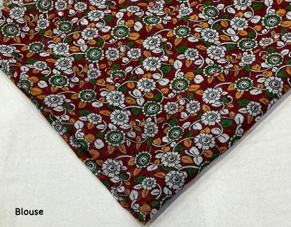 Soft Linen Saree with Kalamkari Prints & Aari Mirror Work