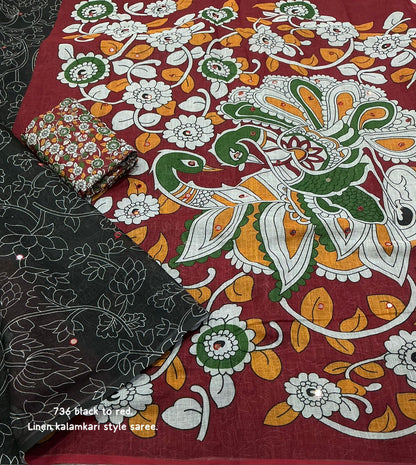 black and maroon Soft Linen Saree with Kalamkari Prints & Aari Mirror Work by women shoppee