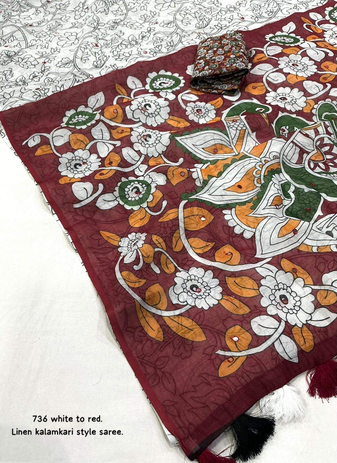 white and maroon Soft Linen Saree with Kalamkari Prints & Aari Mirror Work by women shoppee
