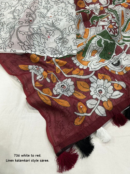 white and maroon Soft Linen Saree with Kalamkari Prints & Aari Mirror Work by women shoppee