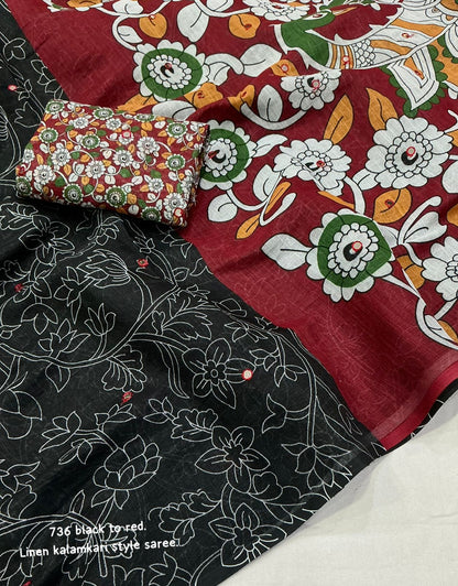 black and maroon Soft Linen Saree with Kalamkari Prints & Aari Mirror Work by women shoppee