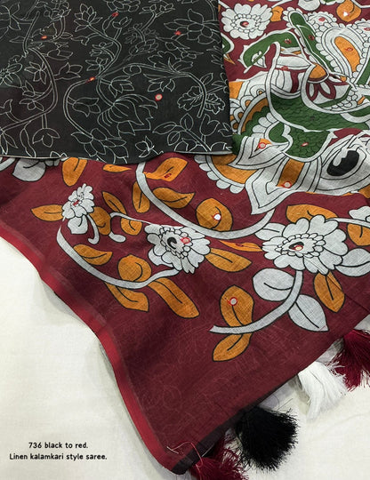 Soft Linen Saree with Kalamkari Prints & Aari Mirror Work