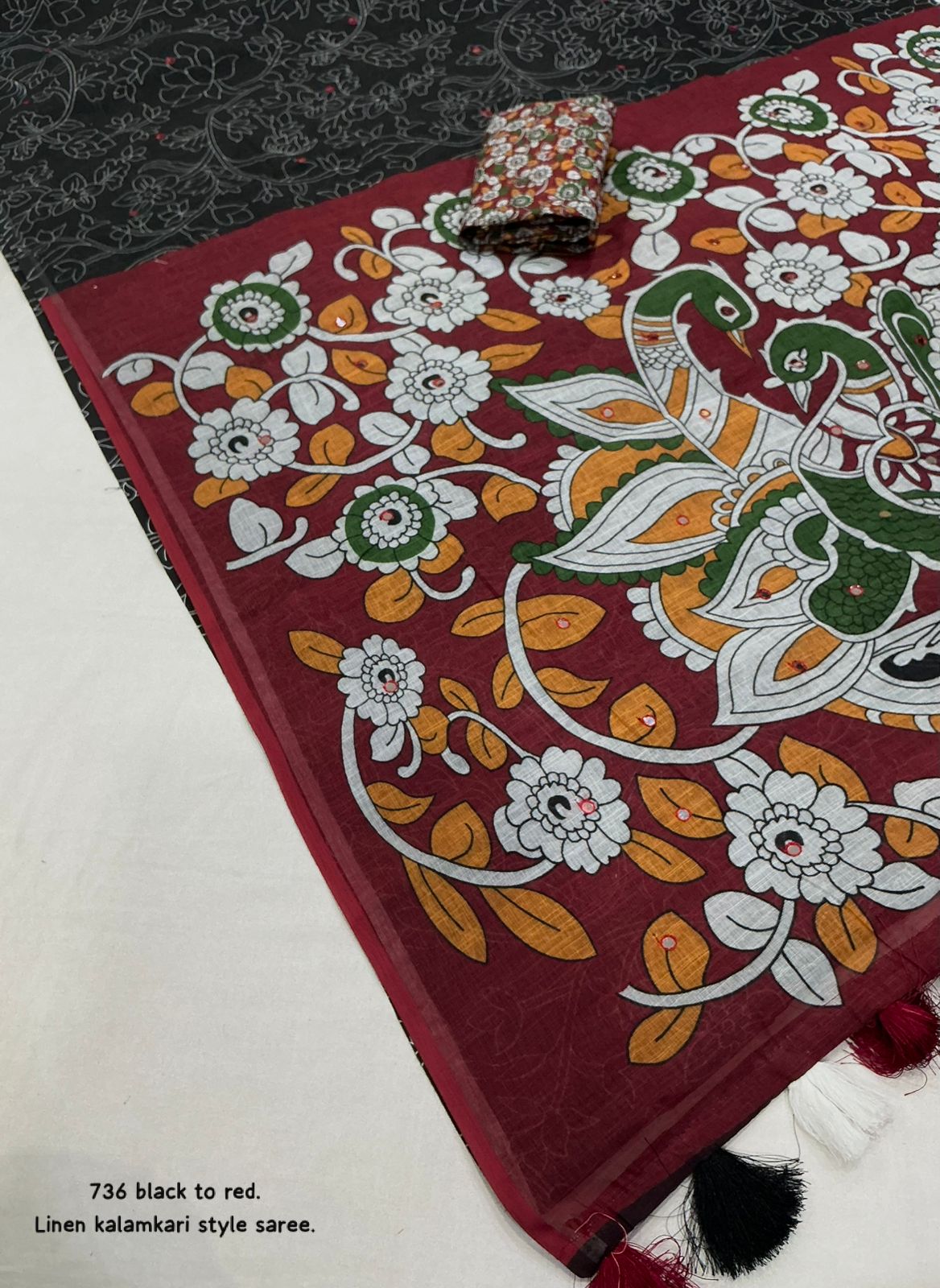 black and maroon Soft Linen Saree with Kalamkari Prints & Aari Mirror Work by women shoppee