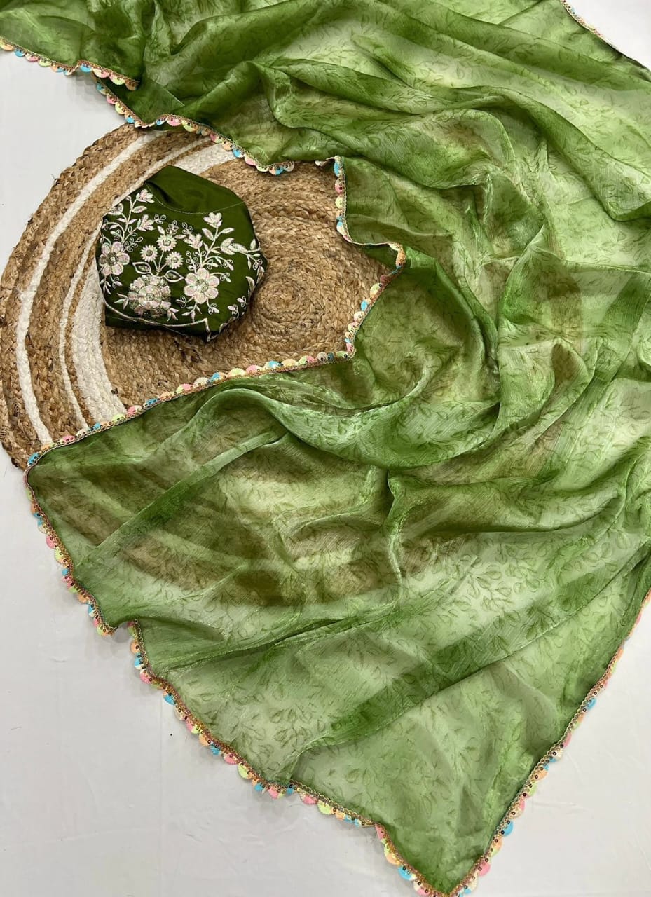 green Soft Silk Saree with Digital Print & Cutwork Lace Border by women shoppee