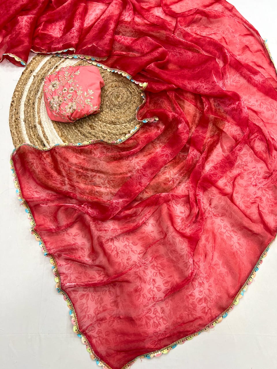 red Pure Soft Silk Saree with Digital Print & Cutwork Lace Border by women shoppee