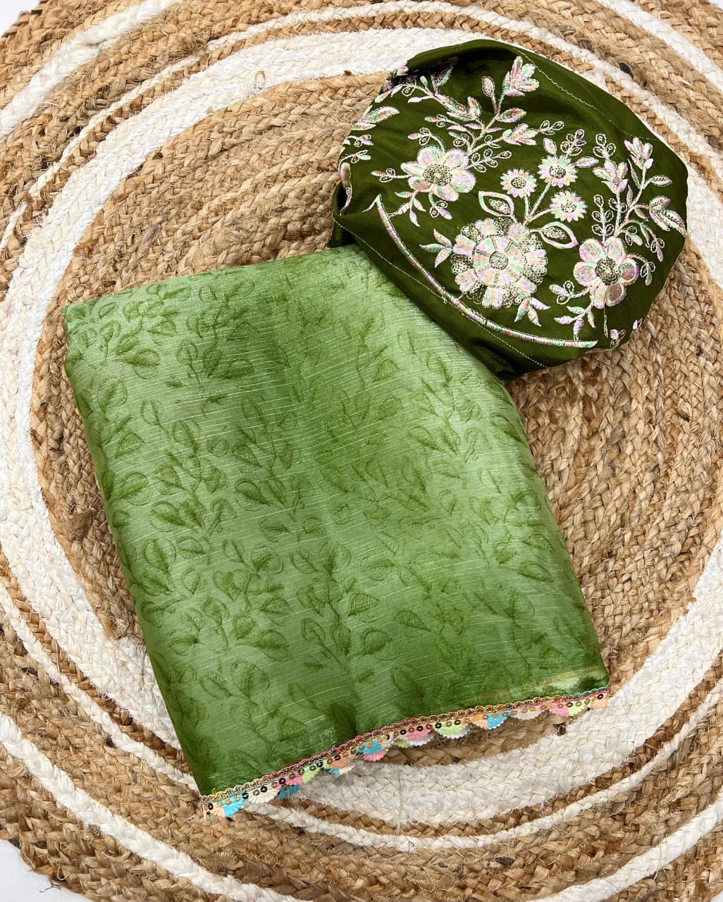 green Soft Silk Saree with Digital Print & Cutwork Lace Border by women shoppee
