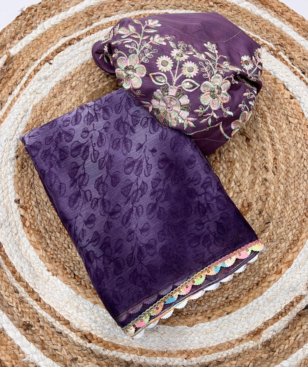 violet Soft Silk Saree with Digital Print & Cutwork Lace Border by women shoppee